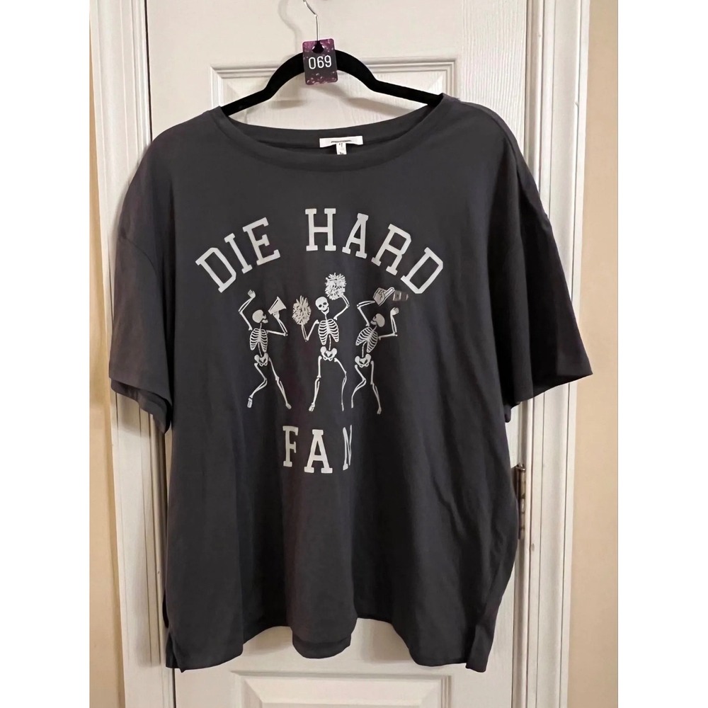 Maurices Die Hard Fan Skeleton Cheerleader Graphic Tee Charcoal Gray 1X Womens